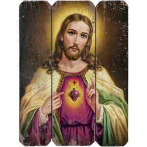 Sacred Heart of Jesus Picture Painting Wood Print Art 16inch Vintage, 1pc